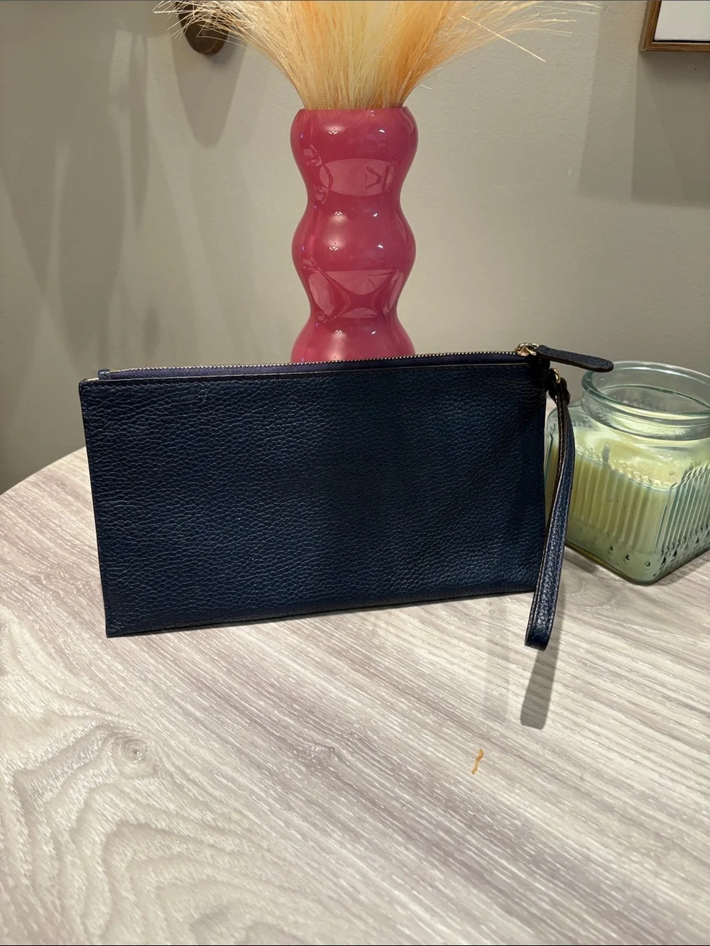 Michael Kors Navy Leather Wristlet Clutch with Gold MK Emblem